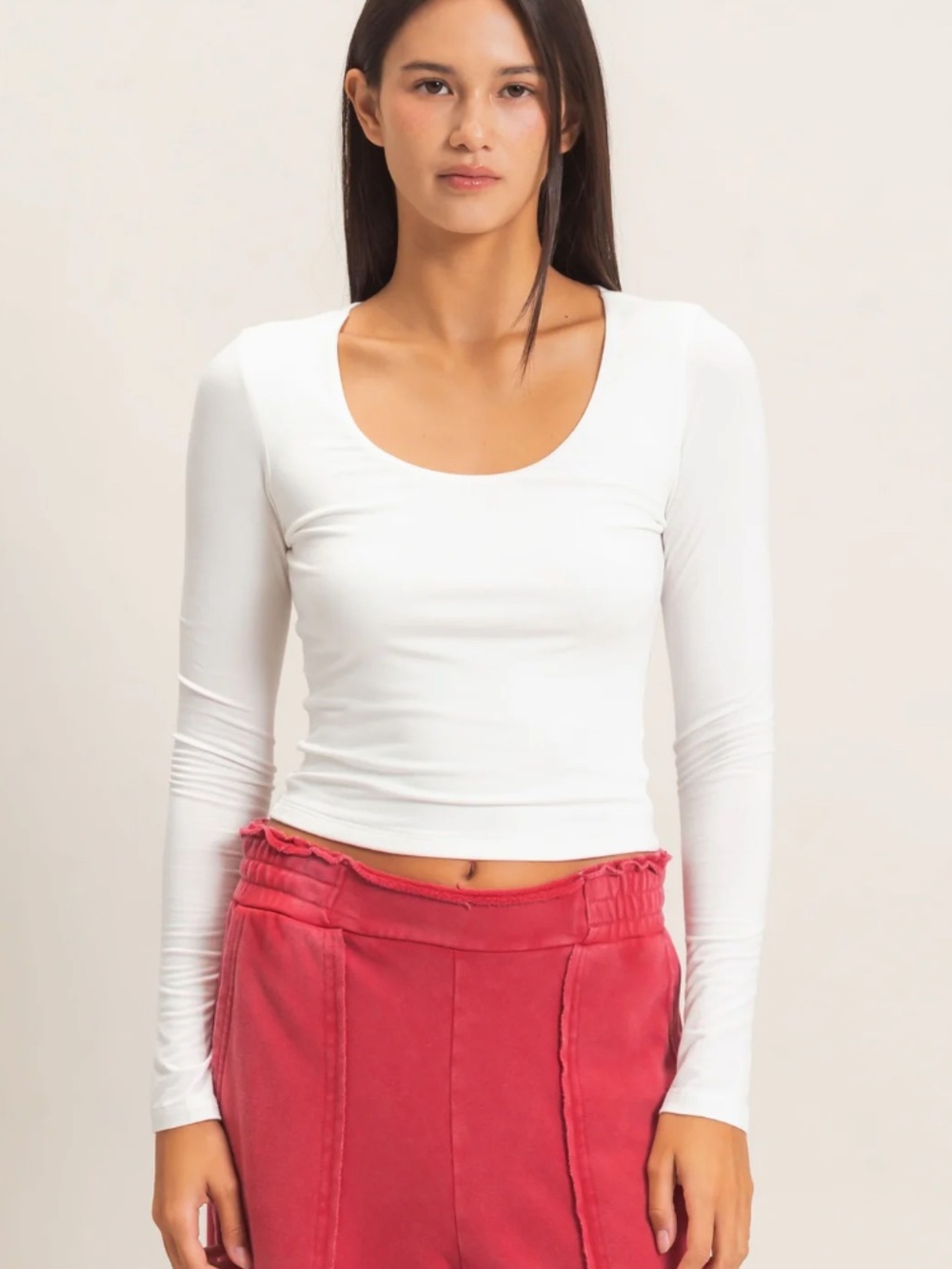 NEW 🤍 Double Zero Off White Scoop Neck Long Sleeve Top – Medium - Picture 2 of 7